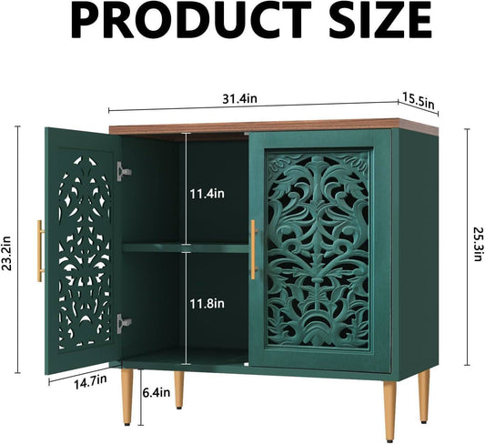 Green Accent Cabinet Carved Storage Vintage Furniture